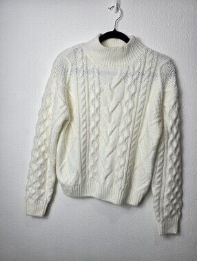 Lascana Classic Cable Knit Ribbed Neckline Sweater - Cream